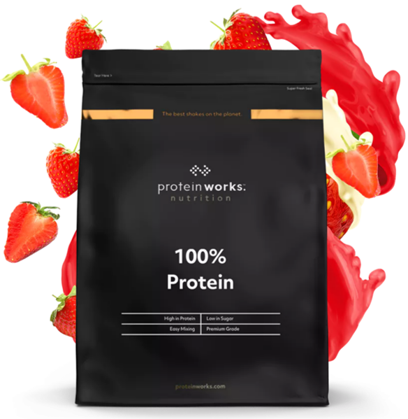 100% Protein Protein Shake Protein Works Strawberries & Cream 1.25kg (50 Shakes)